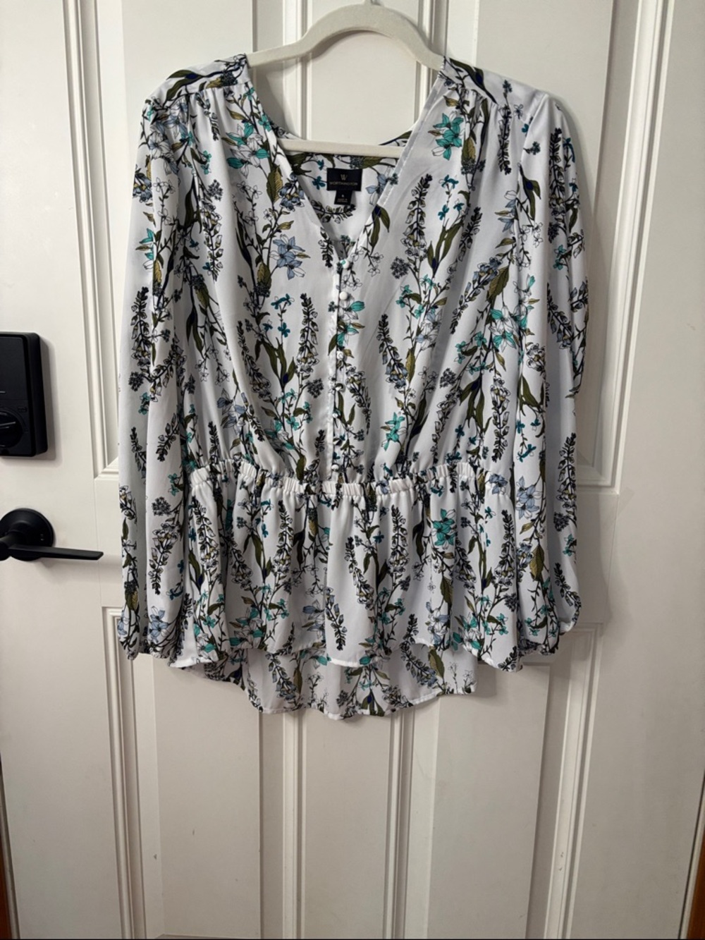 EUC Worthington White Floral Peplum Blouse with Teal and Olive Print